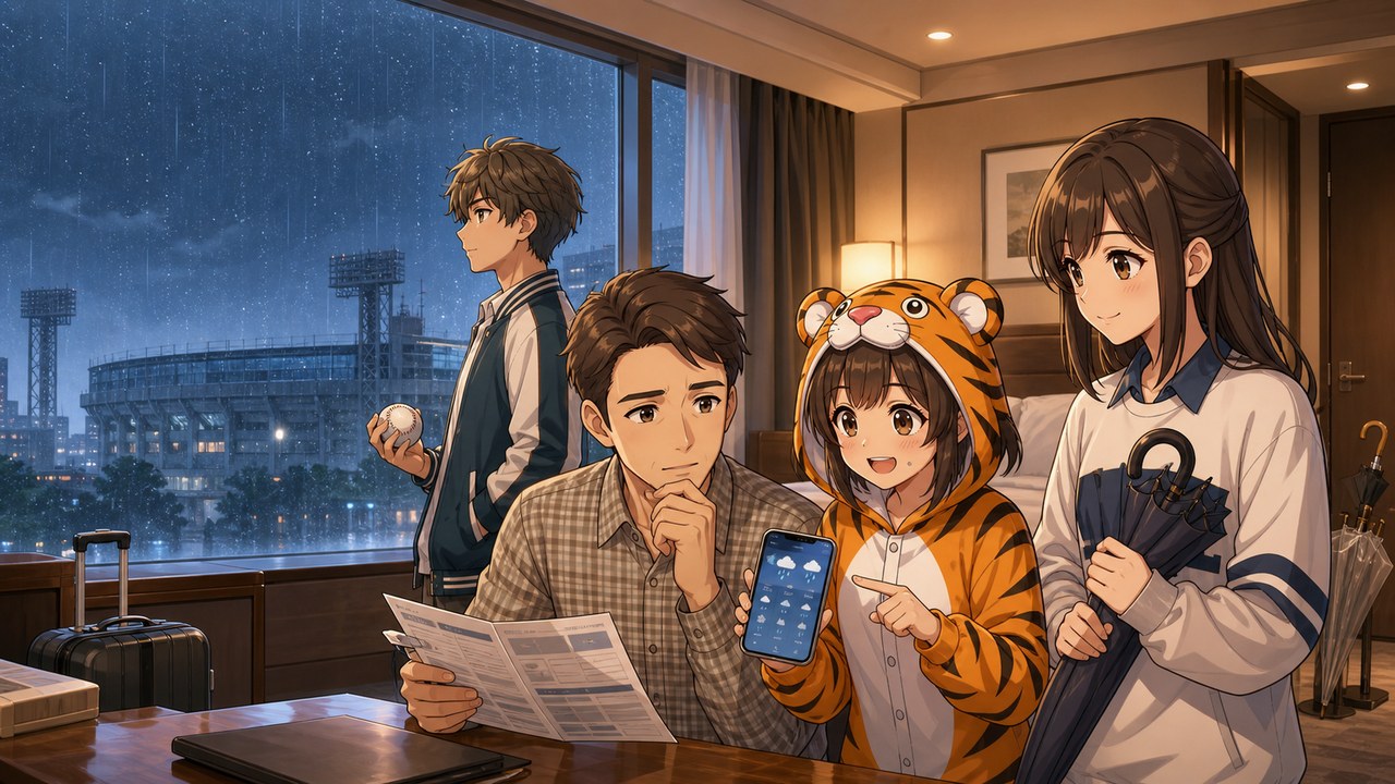 夜のホテルの部屋で、窓の外の雨を見ながらスマートフォンの天気予報を確認する家族のイラスト