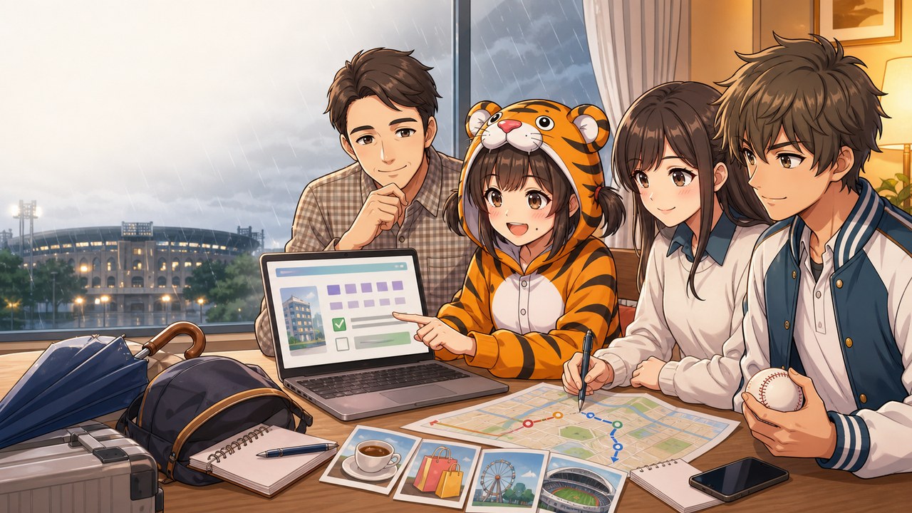 雨の日に、ノートパソコンで宿の予約内容とキャンセル条件を確認している家族のイラスト