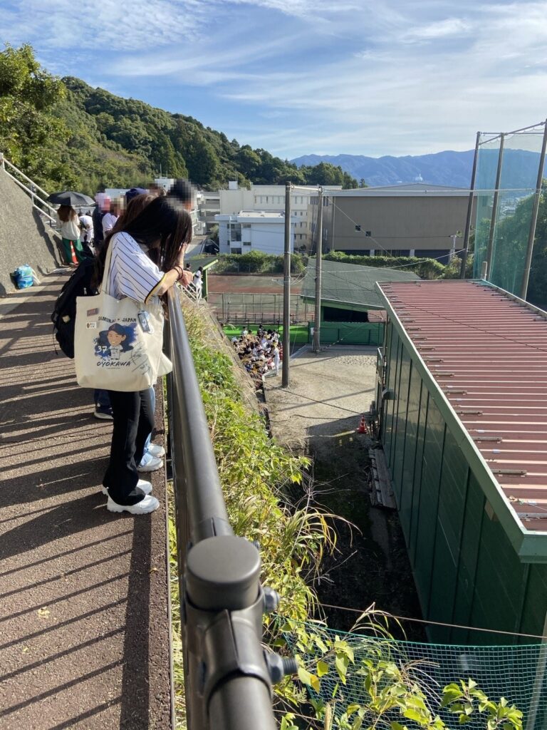 道の上の柵から、下のグラウンドで練習する選手たちを見るファン（お客さんの顔はモザイク）